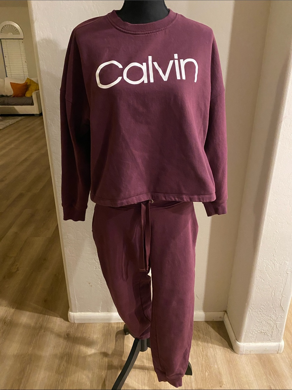 Calvin Klein Maroon Knit Crew Sweatshirt and Sweatpants combination